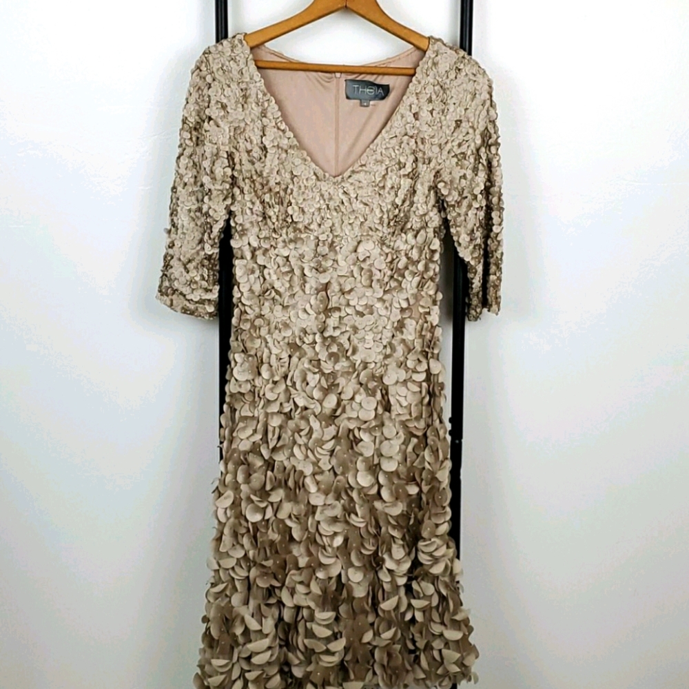 Theia 3/4 sleeve sequins short sleeve midi dress women size 4